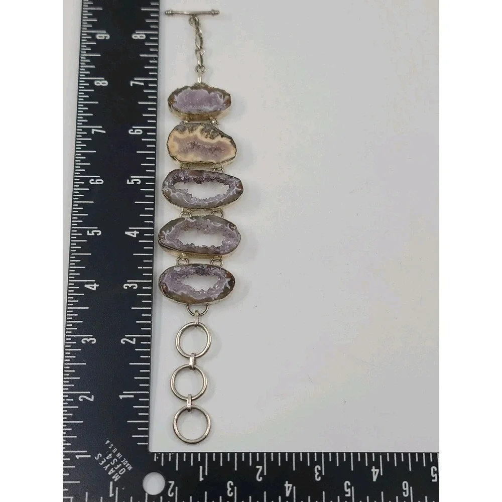 Sterling Silver 925 Purple Natural Geode Crystal Stone Bracelet